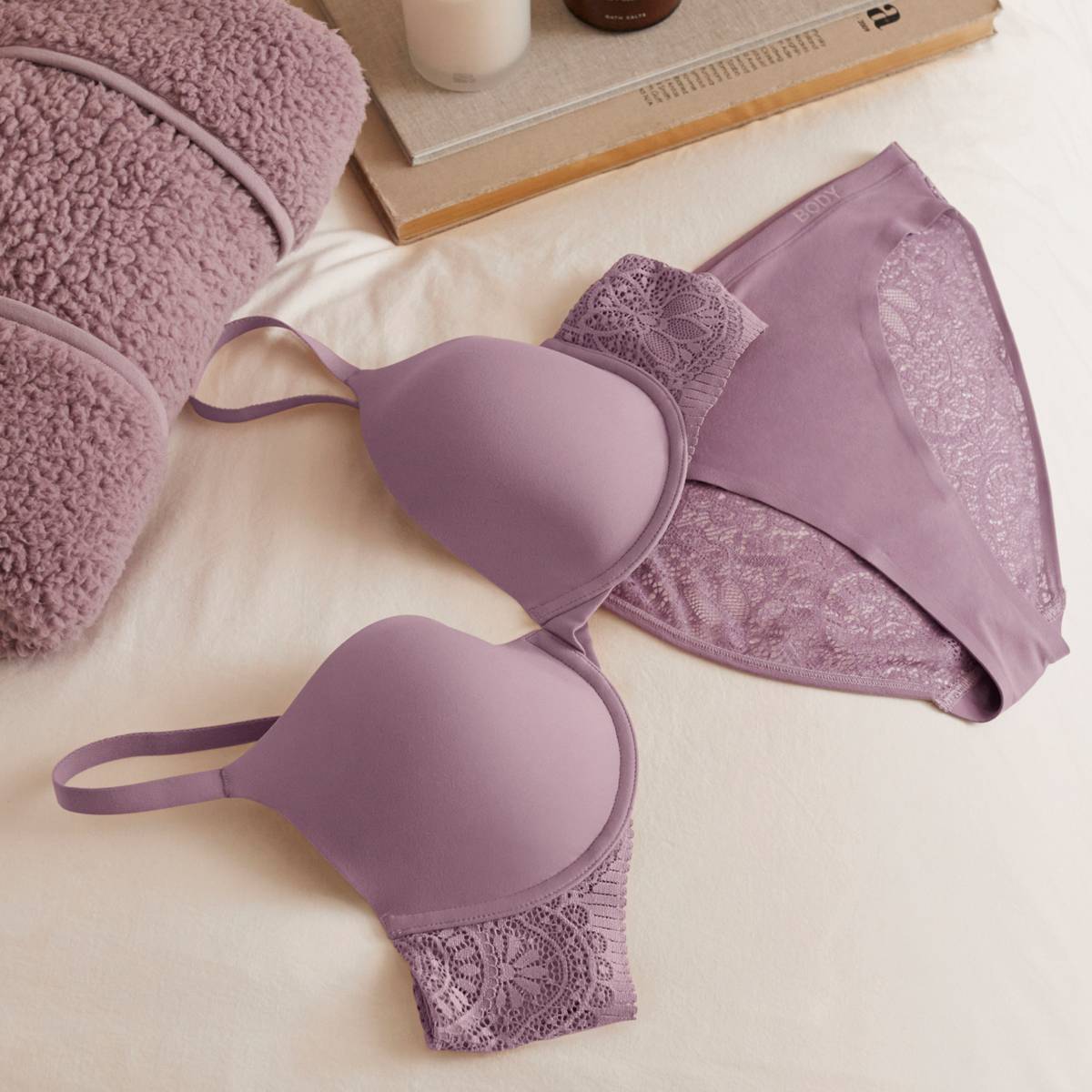 Matching purple lingerie set. Bras